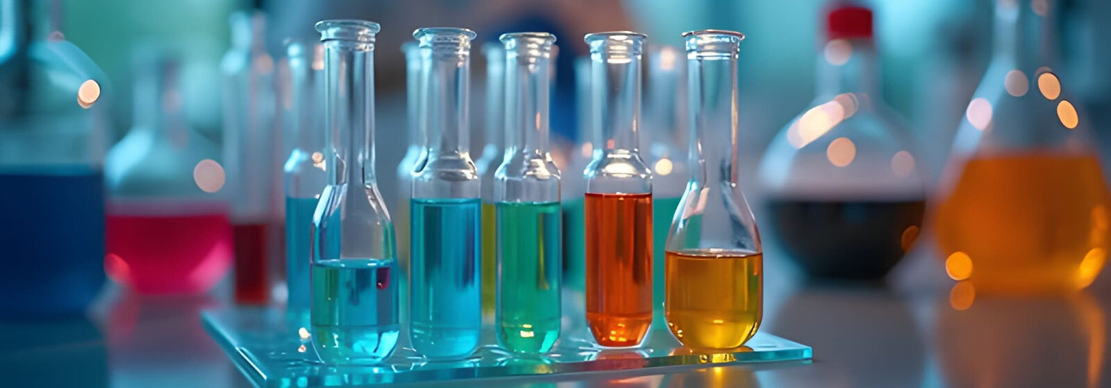 Colorful ethanol samples in laboratory flasks